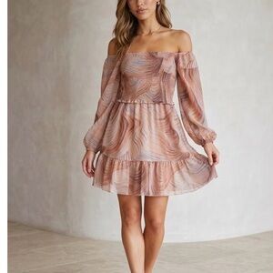 Wilfred Off-Shoulder Long Sleeve Dress in Pink and Brown